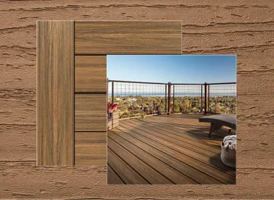 Trex Transcend decking in Havana Gold — board close-up beside a finished deck
