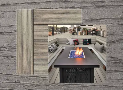 Trex Transcend decking in Island Mist — board close-up beside a finished deck
