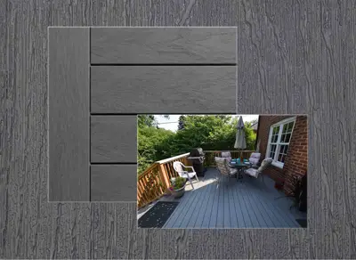 TruNorth Accuspan decking in Amazon Grey — board close-up beside a finished deck