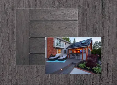 TruNorth Accuspan decking in Ash Grey — board close-up beside a finished deck
