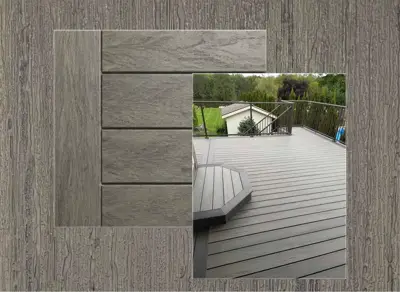 TruNorth Accuspan decking in Hazelwood — board close-up beside a finished deck