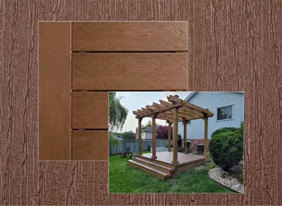 TruNorth Accuspan decking in Mocha — board close-up beside a finished deck