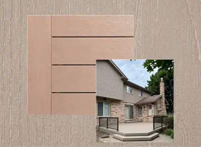 TruNorth Accuspan decking in Sand — board close-up beside a finished deck