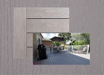 TruNorth Accuspan decking in Stone Grey — board close-up beside a finished deck