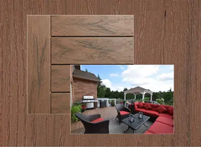 TruNorth Accuspan decking in Tigerwood — board close-up beside a finished deck