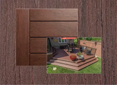 TruNorth Enviroboard decking in Brazilian Cherry — board close-up beside a finished deck