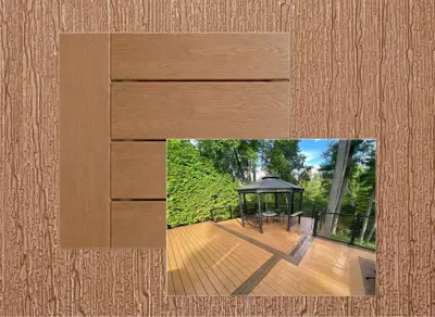 TruNorth Enviroboard decking in Brulee — board close-up beside a finished deck