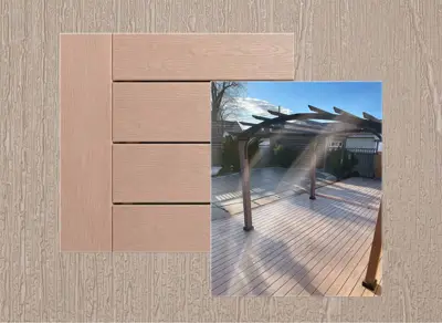TruNorth Enviroboard decking in Sand — board close-up beside a finished deck