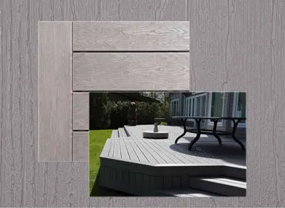 TruNorth Enviroboard decking in Stone Grey — board close-up beside a finished deck