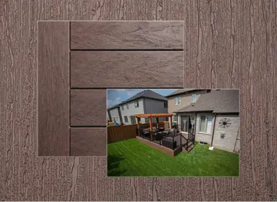 TruNorth Enviroboard decking in Tropical Walnut — board close-up beside a finished deck